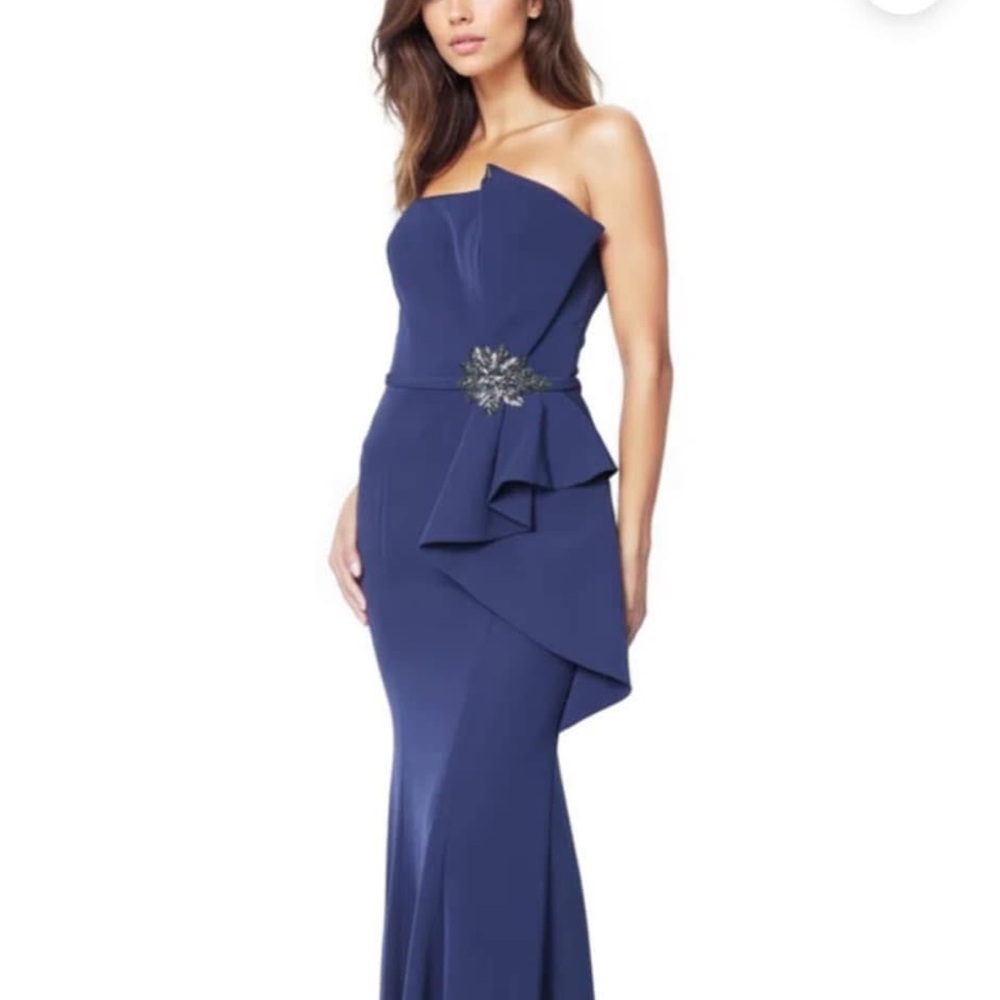 Rene Ruiz Blue Strapless Asymmetrical Peplum Gown